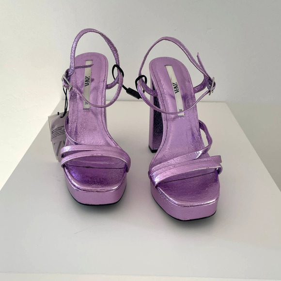 ZARA METALLIC PLATFORM HEELED SANDALS STRAPPY PURPLE - US 8 - Picture 9 of 14